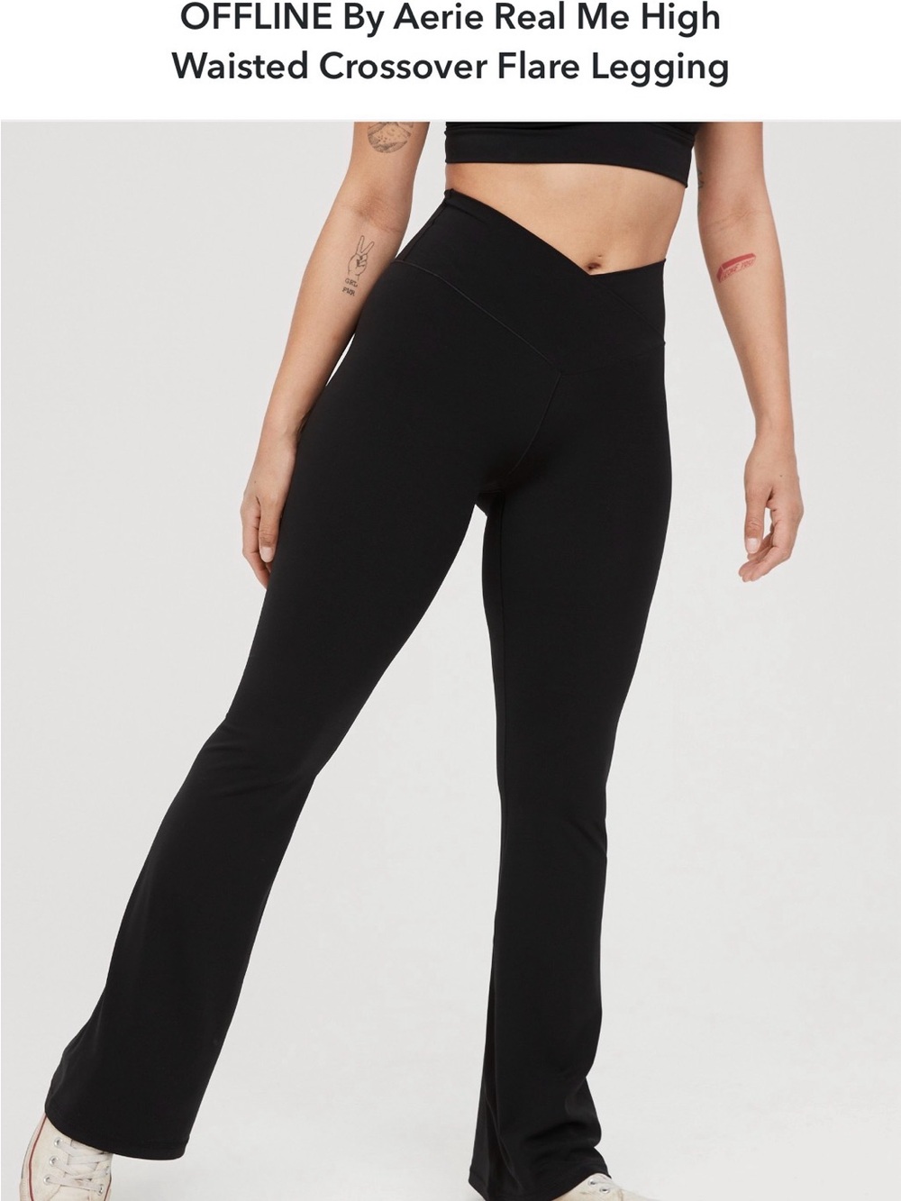 aerie OFFLINE High Waisted Crossover Flare Leggings in Black - Size Medium